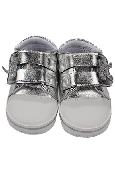 bebegen Kız Bebek Metalik Gri Simli Fiyonklu Cırtlı Deri Ayakkabı