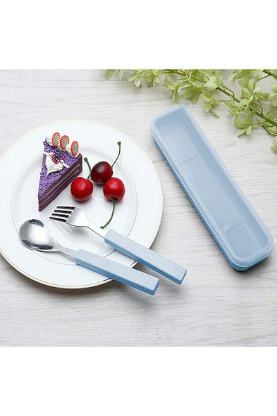 COOYA Children Utensils Set, 18/10 Stainless Steel, with Travel Case, for Lunch Box 3-Piece (Blue)