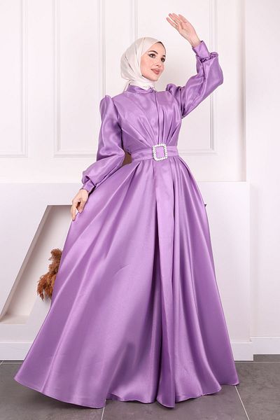 İmajButik Βραδινό φόρεμα με μανίκια με μπαλόνι σε σκούρο λιλά