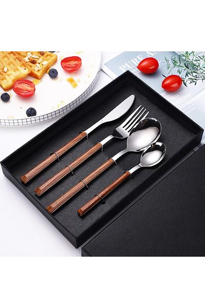 COOYA Silverware Set, Stainless Steel Cutlery Set of 4, Wooden Handle, Insulated and Anti-scald, Gift Box