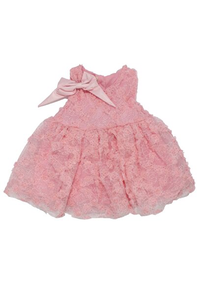 bebegen Kız Bebek Pembe Simli Çiçek Motifli Tüllü Fiyonk Tokalı Elbise
