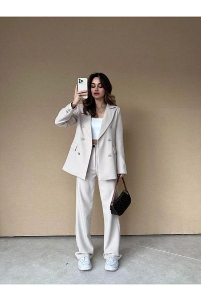 Rabia Çelik Női krémszínű csíkos ezüst gombos blézer dzseki nadrágkosztüm