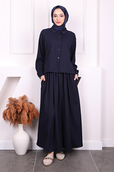 İmajButik Set de cămașă lungă, albastru bleumarin, în față, scurtă, în spate
