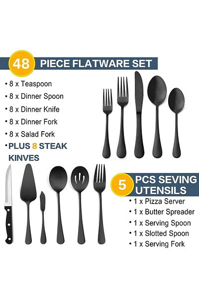COOYA 53-Piece Silverware Set, with Steak Knives, Food-Grade Stainless Steel, for Home Restaurant