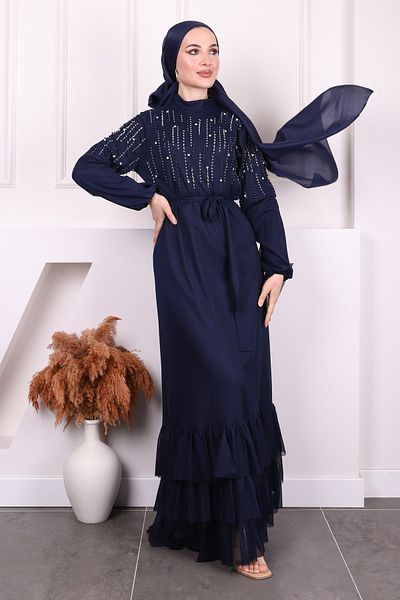 İmajButik Βραδινό φόρεμα σιφόν με βολάν με βολάν μπλε ναυτικό