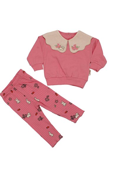 bebegen Baby Girl Pink Rabbit Floral Patterned Linen Baby Collar Double Set