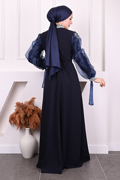 İmajButik Βραδινό φόρεμα με μπλε μανίκια και χάντρες από τούλι