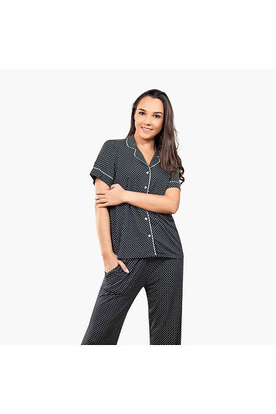 Aadaraya Aadaraya Polka Dot Print Collared Shirt and Pyjama Set