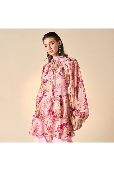 Iconic Floral Print Ruffle Detail Top with Tie-Up Neck and Long Sleeves