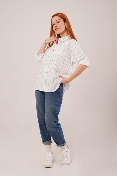 MODAVERA    Blue Striped Shirt with Foldable Sleeves and Pocket Detail