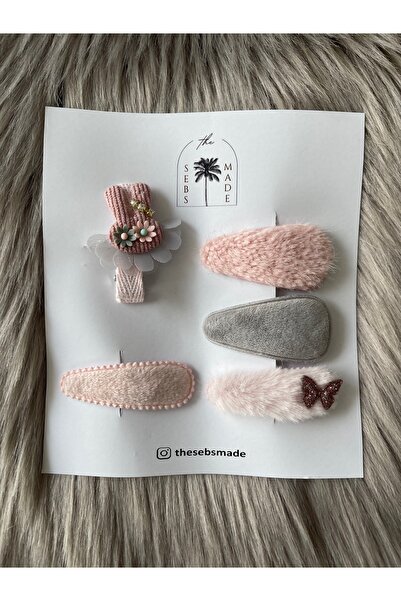 SEBSMADE Rabbit Tavşan Tüylü Pembe Gri Klips Toka Set