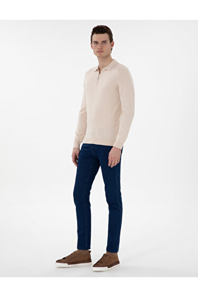 Pierre Cardin Beige Slim Fit Zippered Polo Neck Wool Blend Basic Knitwear Sweater 50312570-Vr011