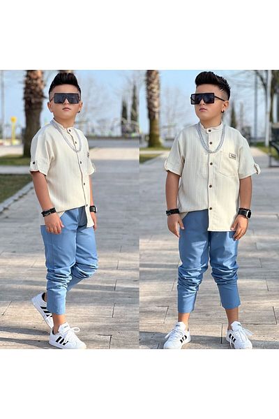 ARBİ kids Boy's Linen Shirt Gabardine Trousers Stylish Eid Suit Buy One Size Larger