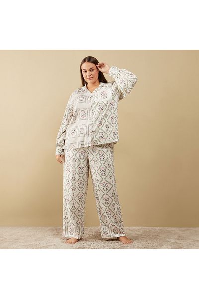 FAV All-Over Floral Print Long Sleeves Shirt and Pyjama Set