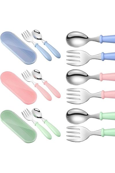 COOYA 9 Pieces Toddler Utensils Set, Stainless Steel, with Round Handle for LunchBox