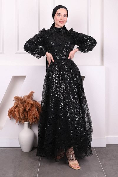 İmajButik Βραδινό φόρεμα με μαύρες χάντρες με παγιέτες
