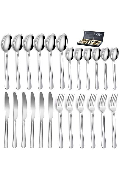 COOYA 24Pcs Flatware Cutlery Set, for Kitchen Restaurant Hotel, Mirror Polished, Dishwasher Safe(Silver)