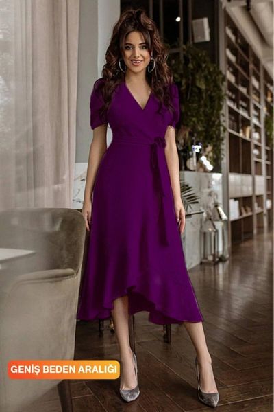 COTTONLAB Γυναικείο φόρεμα κρεπ με διπλό στήθος Μίντι με ζώνη 120 εκ