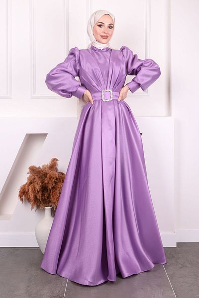 İmajButik Βραδινό φόρεμα με μανίκια με μπαλόνι σε σκούρο λιλά