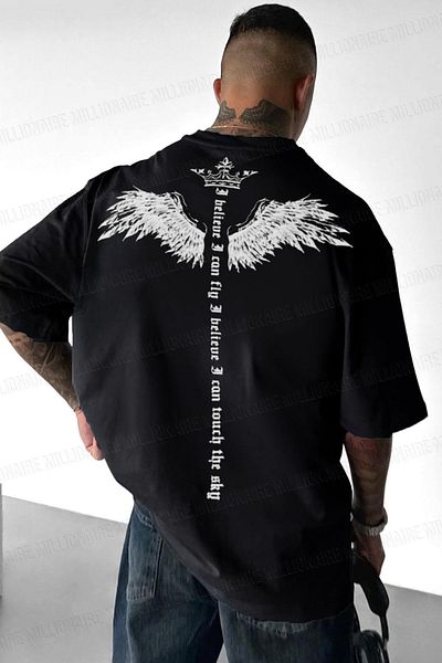 Millionaire Ανδρικό μαύρο μπλουζάκι I Can Fly Oversize Fit Loose Wide Fit Loose Cut T-shirt