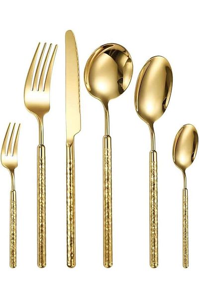 COOYA 6 Piece Hammered Silverware Set, Stainless Steel Gold Flatware with Round Handle for Party, Family