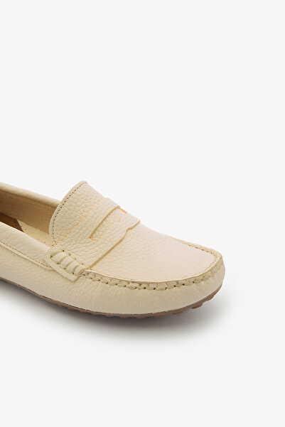 SAYL Bej Fiyonk Detaylı Hakiki Deri Loafer Ayakkabı Kadın Babet