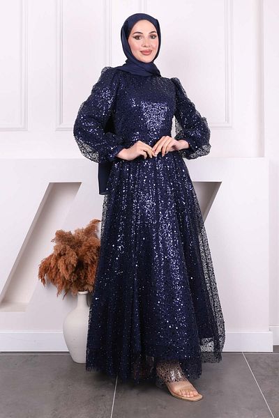 İmajButik Βραδινό φόρεμα με παγιέτες Navy Blue με χάντρες
