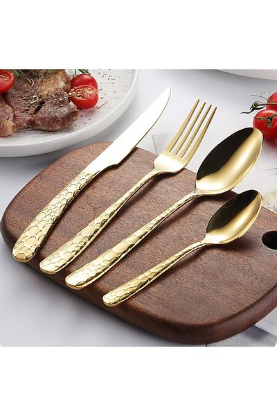 COOYA Gold Silverware Set for 4, Hammered Stainless Steel Cutlery Set for Home Restaurant Wedding(16PCS)