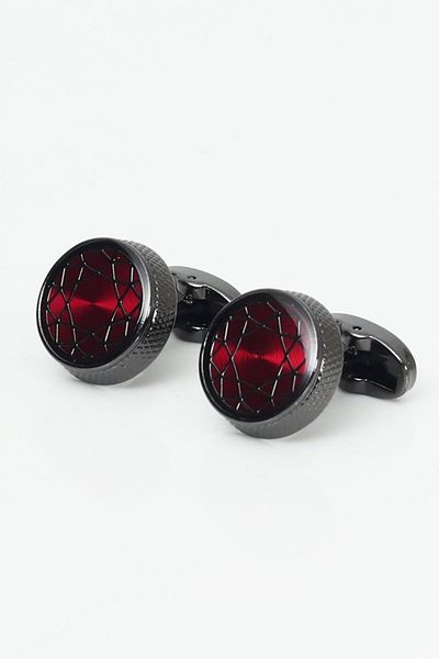 Esgue Hand Made Patterned Claret Red Navy Blue Tie & Handkerchief & Cufflink Gift Set