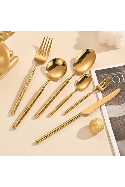 COOYA 6 Piece Hammered Silverware Set, Stainless Steel Gold Flatware with Round Handle for Party, Family