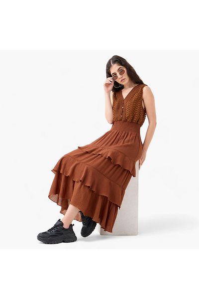 Lee Cooper Tiered Sleeveless Midi Dress with Shirred Detail
