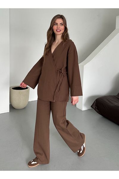 Laluvia Brown Gabardine Kimono Set - 8629