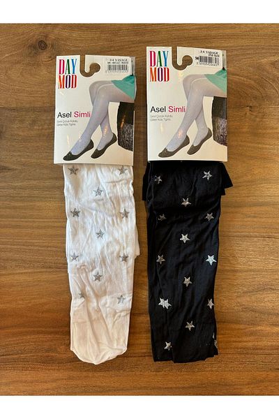 Daymod Asel Glitter Star Tulle Children's Pantyhose Black-White 2 Pieces