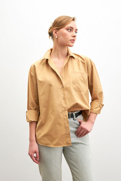 Bipantolon Дамска риза с дълъг ръкав Biscuit Oversize Basic с джобове и детайли от поплин