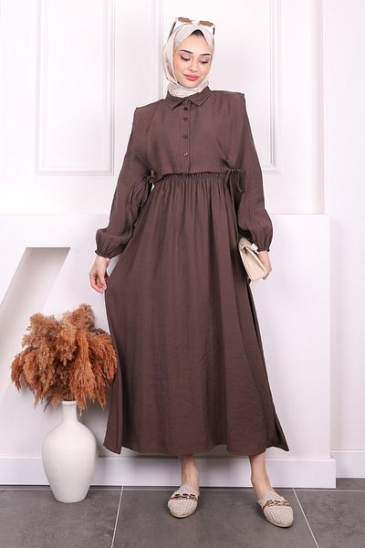 İmajButik Σετ Συνδυασμός Φόρεμα Καφέ Γιλέκο