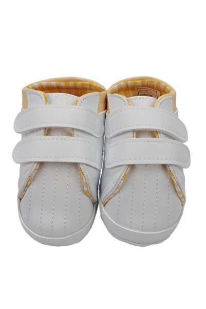 bebegen Baby Boy White Leather Shoes with Yellow Velcro on the Back and Stitc...
