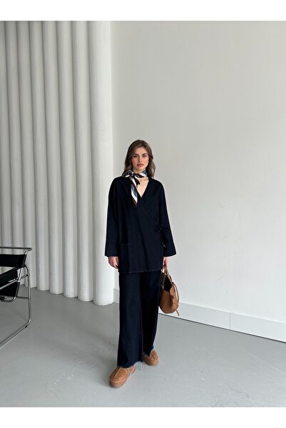 Laluvia Sötétkék duplasoros galléros blúz nadrág farmer szett - 8639