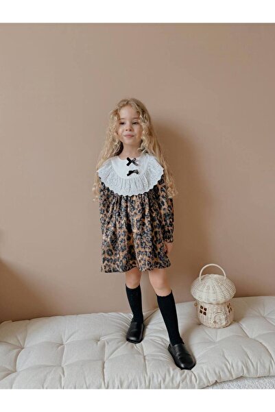 ARBİ kids Стилна рокля за момиче с дантелена яка и леопард, памучен плат, с пълен модел, за празниците