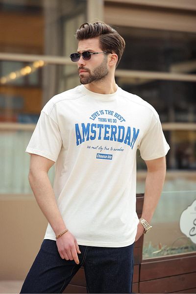 Madmext Ecru Printed Men's T-Shirt E7124