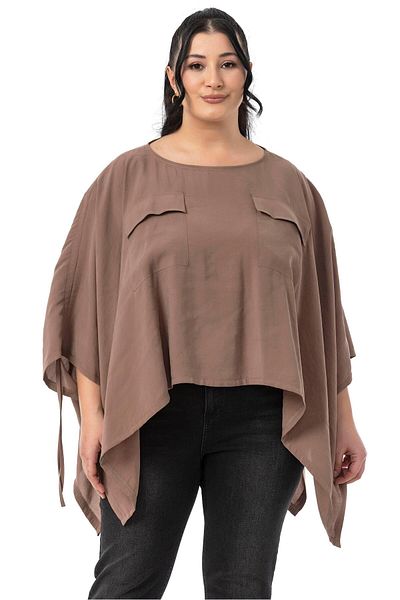 DISENTIS MODEST Μπλούζα Poncho σε καφέ με μανίκια μεγάλου μεγέθους και λεπτομέρεια τσέπης με κορδόνι