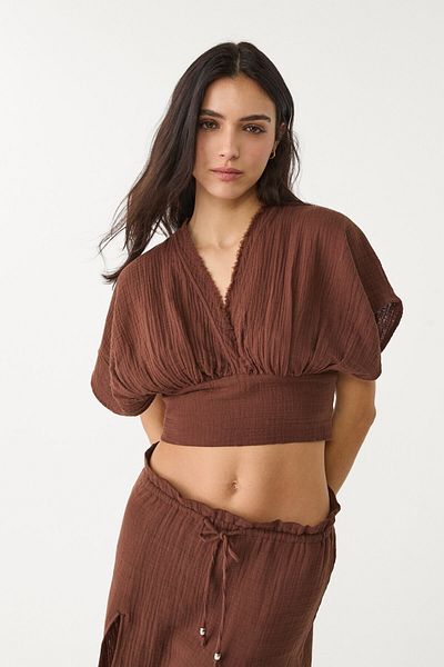 Stradivarius Cropped cotton blouse with kimono sleeves