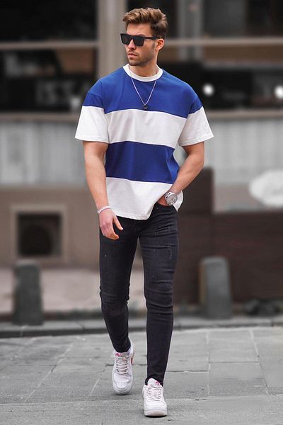 Madmext Μπλουζάκι με λαιμόκοψη υπερμεγέθης μπλε Navy Color Blocked - 7020