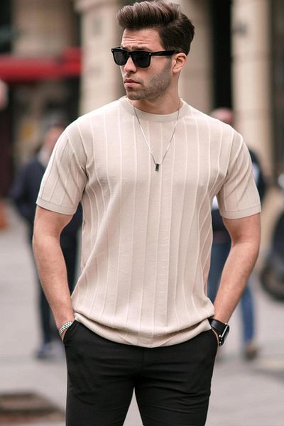 Madmext Beigefarbenes Herren-T-Shirt 5684