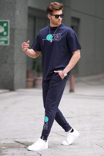 Madmext Navy Blue Short Sleeve Tracksuit Set 5935