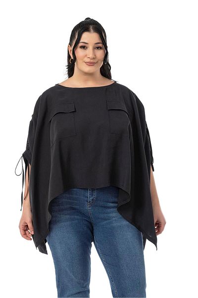 DISENTIS MODEST Plus Size Black Poncho Blouse with Sleeve Tunnel and Drawstring Detail Pocket