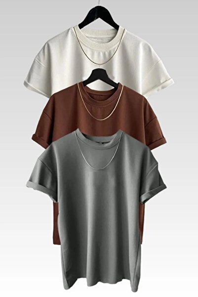 MODAGEN Unisex Bisiklet Yaka Kahve Beyaz Gri Düz 3'lü Paket T-Shirt