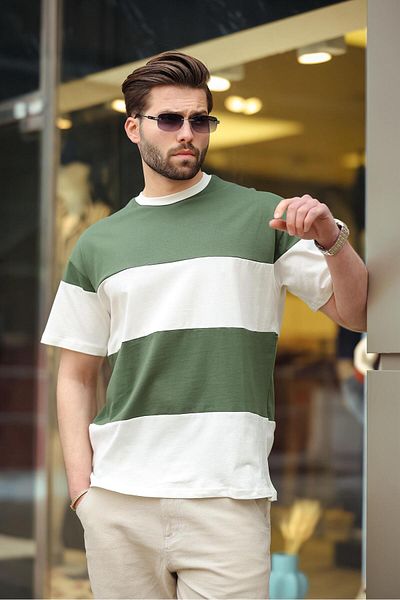 Madmext Μπλουζάκι Khaki Oversize Color Block Crew Neck 7020