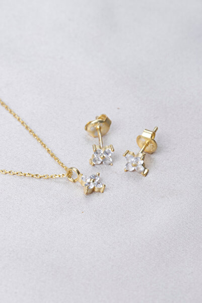 Elika Silver 925 Ayar Gümüş Çiçek Model Minimal Kolye - Küpe Set ELKSLVR7498A
