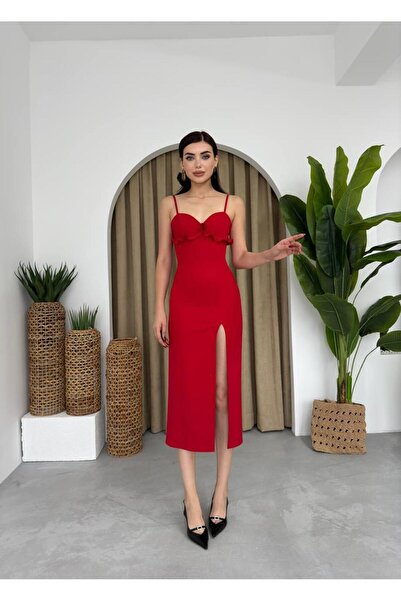 JANES Askılı Fırfırlı Yırtmaç Detaylı Kırmızı Midi Kadın Elbise - Şık ve Zarif Tasarım