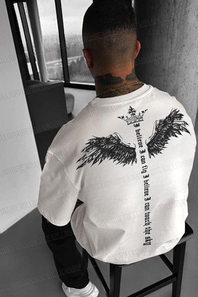 Millionaire Ανδρικό εκρού λευκό I Can Fly Oversize Fit Loose Wide Fit Loose Cut T-shirt